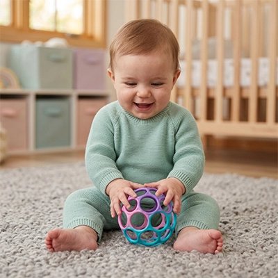 Balle sensorielle bébé assit sourit avec jouet