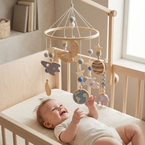 bébé regarde mobile bébé joyeux