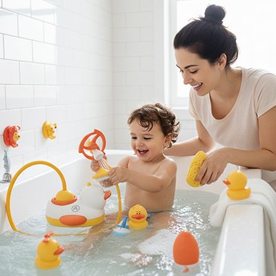 Jouet bain bébé maman et enfant heureux