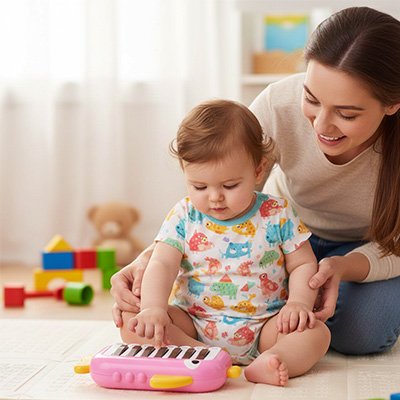 Piano bebe rose avec maman et enfant