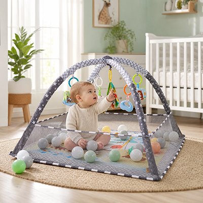 Tapis eveil bebe gris avec bébé confortable