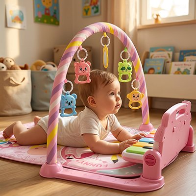 Tapis eveil bebe rose avec bébé