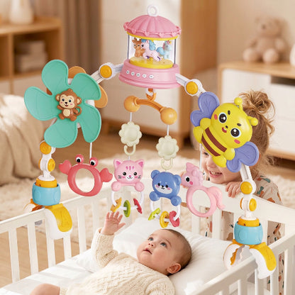 arche d'éveil musical bébé s'amuse avec jouet et soeur