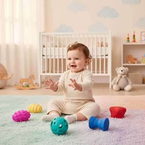 balle bébé rouge jaune rose