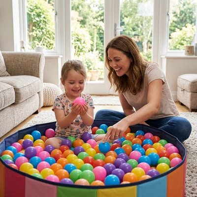 Balle piscine a balle multicolore fillette maman