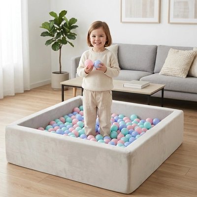 Balle piscine a balle turquoise rose enfant debout