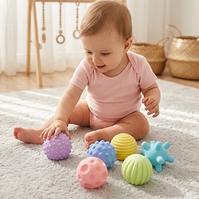Balle sensorielle bébé assit avec balle multicolore