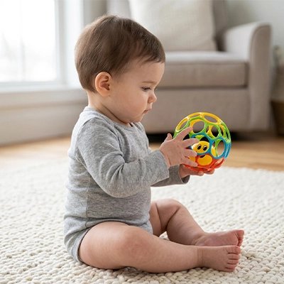 Balle sensorielle bébé assit regardant jouet