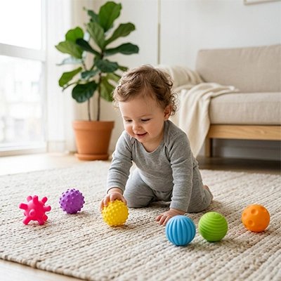 Balle sensorielle bébé bleu orange rouge