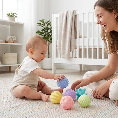 Balle sensorielle bébé maman assit
