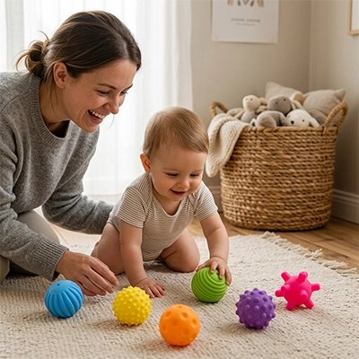 Balle sensorielle bébé maman violet rouge orange