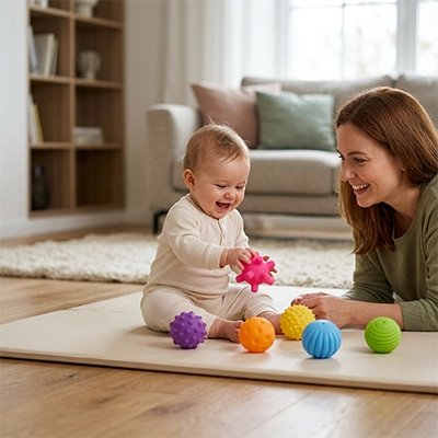 Balle sensorielle bébé orange rouge bleu maman enfant