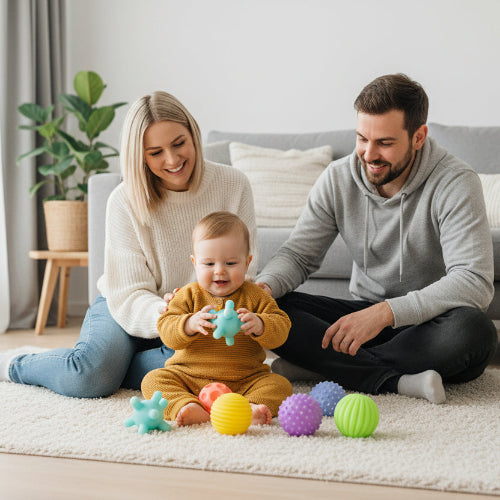 balle sensorielle bébé papa et maman jouent au salon