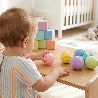 Balle sensorielle bébé rose jaune verte
