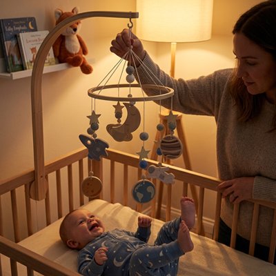 bebe joue avec mobile bebe lune