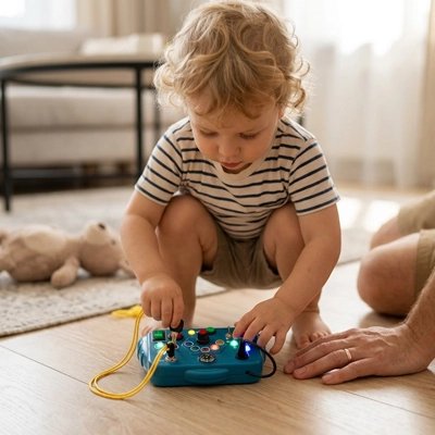 Busy board bebe enfant regarde jouet attentivement