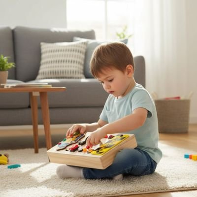 Busy board enfant jouant assit avec jouet