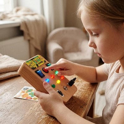 Busy board​ enfant observe son jouet
