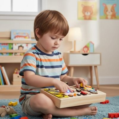 Busy board enfant s'amuse attentivement