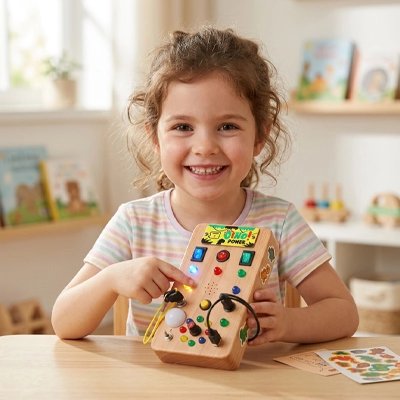 Busy board​ enfant semble joyeux avec jouet