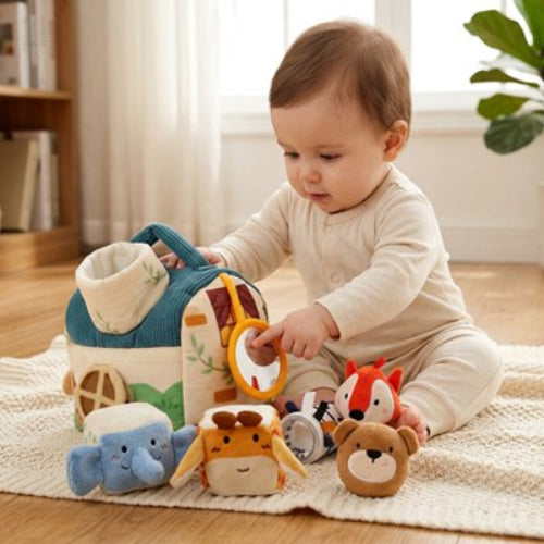 Cube d'activité bébé assit avec jouets