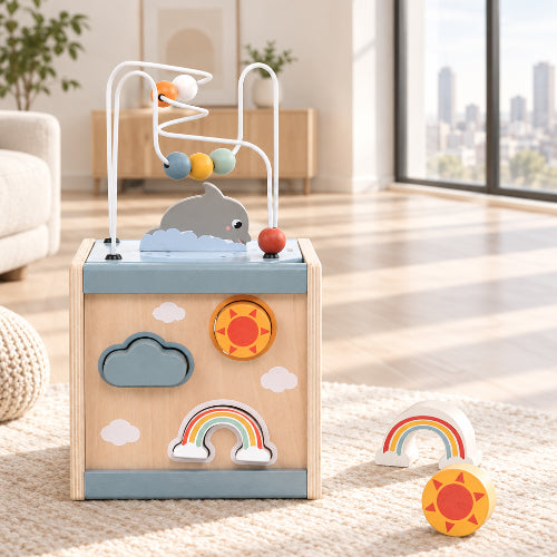 cube d'activité en bois au salon