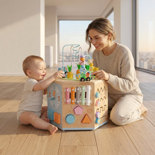 cube d'activité en bois avec jouets bébé et maman