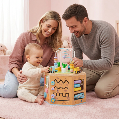 cube d'activité en bois bébé papa maman