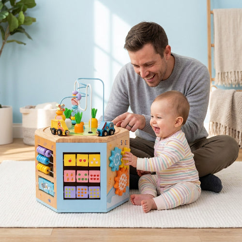 cube d'activité en bois multicolore papa et bébé