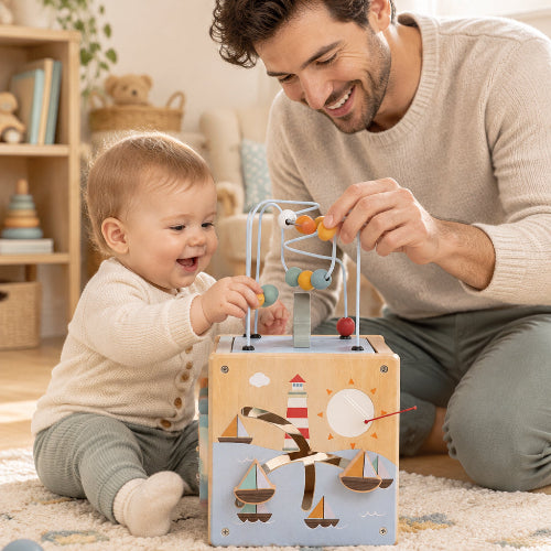 cube d'activité en bois papa et bébé