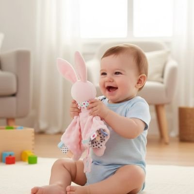 Doudou bebe content avec jouet