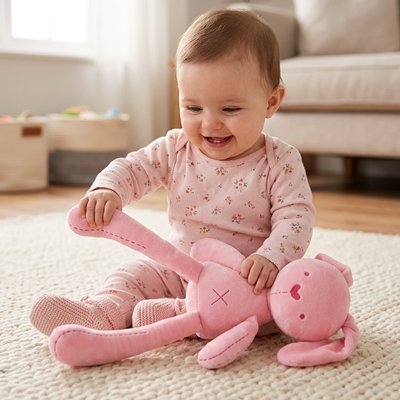 Doudou lapin bébé assis joue
