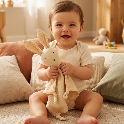 Doudou lapin bébé assit avec doudou