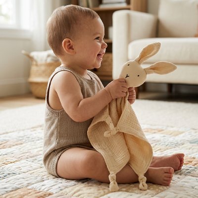 Doudou lapin bébé heureux 