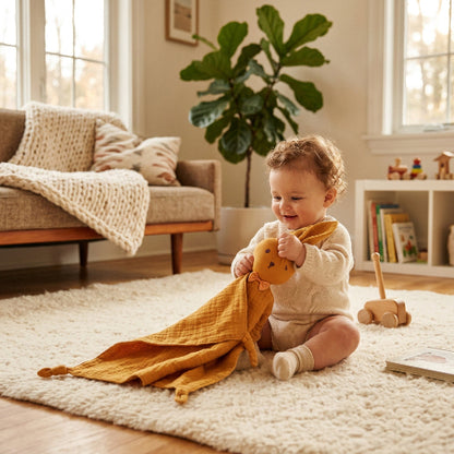 doudou lapin bleu bébé assit