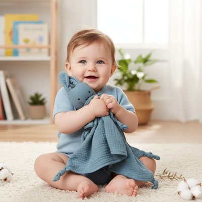 Doudou lapin bleu bébé tient doudou