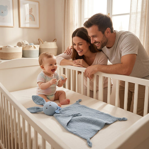 doudou lapin bleu gris bébé maman et papa