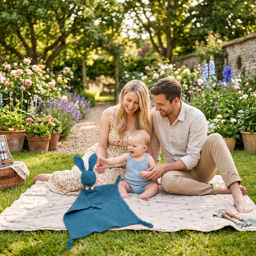 doudou lapin bleu papa maman et bébé dehors
