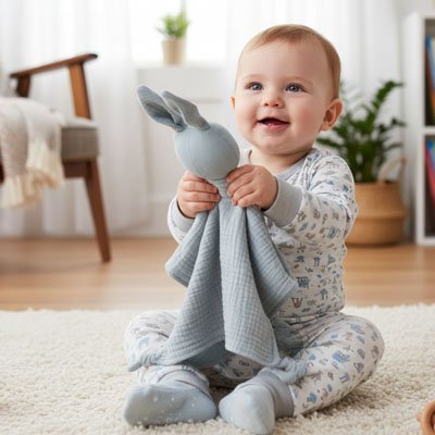 Doudou lapin gris bleu avec bébé