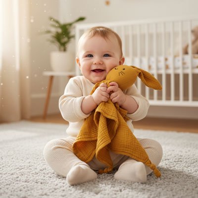 Doudou lapin orange  bébé joyeux