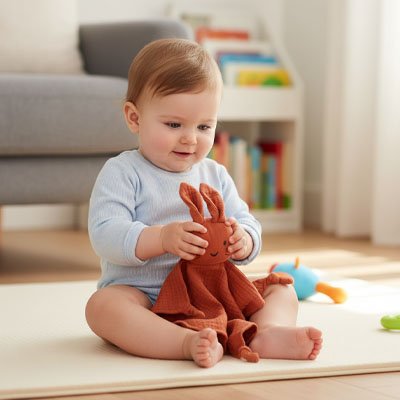 Doudou lapin rouge bébé assit