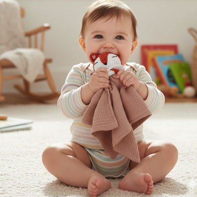 Doudou renard rose bébé bouche