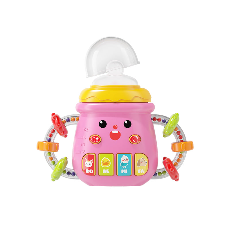 hochet bébé bouteille poussin rose