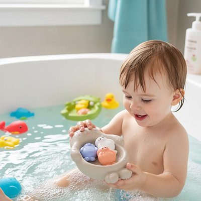 Jouet baignoire bebe enfant semble heureux de ses jouets
