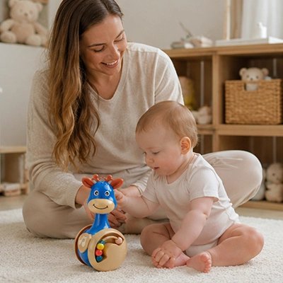 Jouet bebe girafe bleue maman joue avec enfant