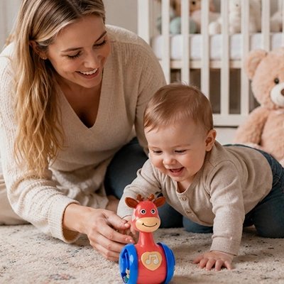 Jouet bebe girafe rose enfant s'amuse