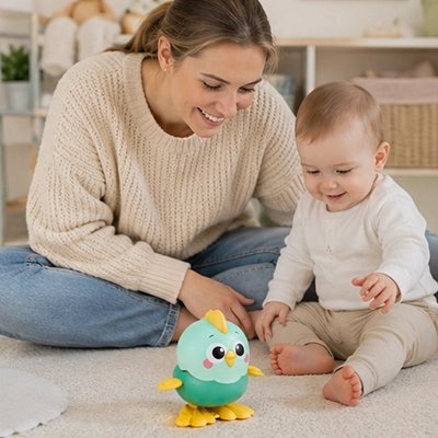 Jouet bebe poussin bleu enfant et maman joue