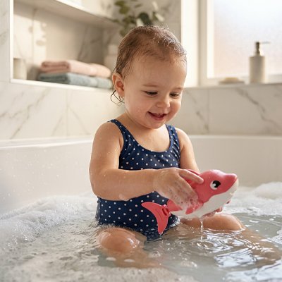 Jouet de bain​ dauphin rouge enfant semble très heureux