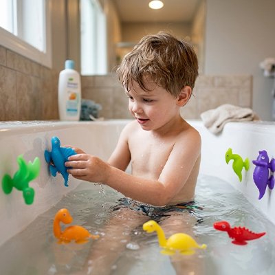 Jouet de bain enfant assit dans le bain avec petit dinosaure