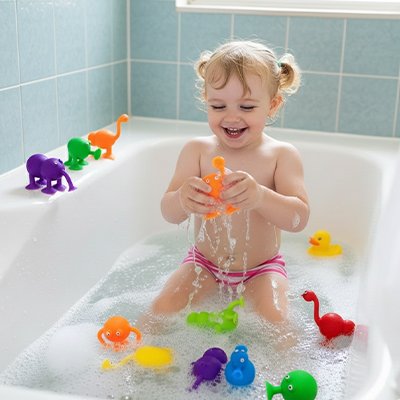 Jouet de bain fillette joue avec ses petits jouets